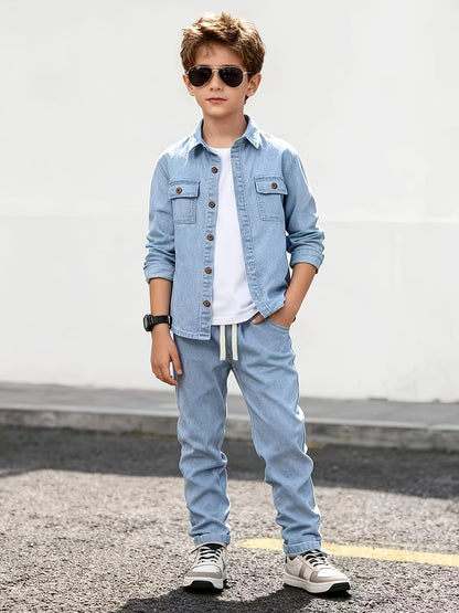 Light Blue Casual Trousers Set for Teen Boys with Elastic Waistband