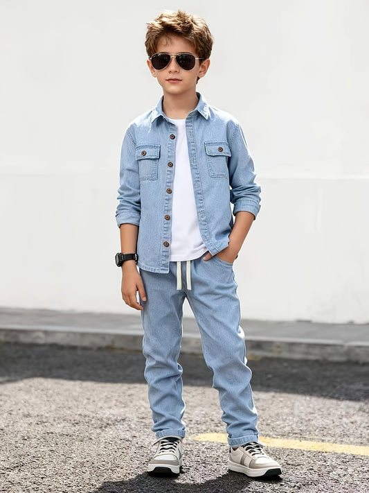 Light Blue Casual Trousers Set for Teen Boys with Elastic Waistband