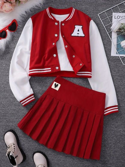 Girls' Preppy Baseball Collar Top and Pleated Skirt Set