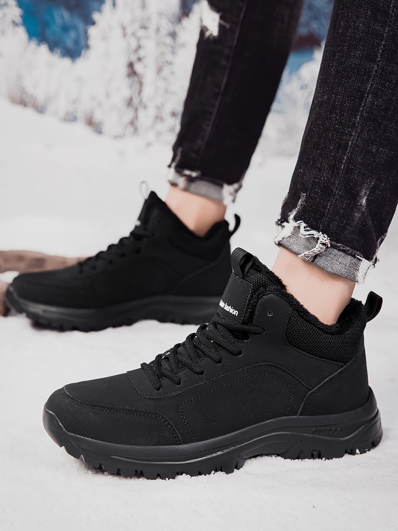 Men'S Mid-Top Winter Snow Boots - Lightweight, Non-Slip, Warm Plush Lining, Durable MD Sole, Black Workwear & Street Style for Outdoor Sports, Hiking, and Daily Leisure, Winter Boots, Hiking Footwear, Sleek Boot Design, Flexi