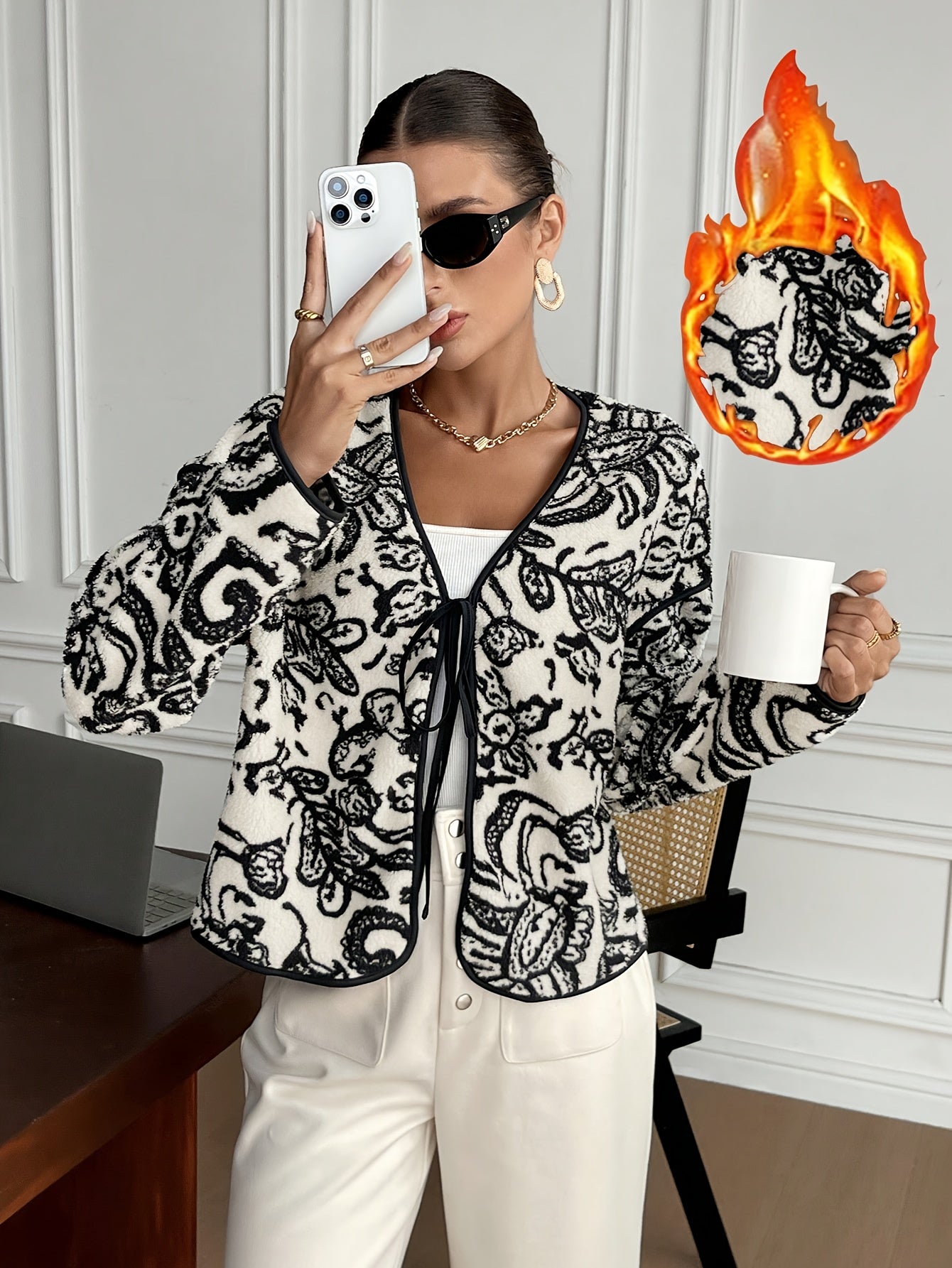 Women's Elegant Black & White Floral blazer - Tie-front closing, Non-Stretchy structure for Fall/Winter, Office, Party, Everyday Chic Jacket - Machine Washable Women's Outerwear, Party Attire, Sophisticated Design