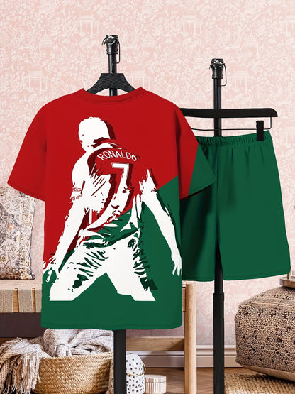New Stylish Football Number 7 Character Print 3D Printed Top and Shorts Set for Girls and Boys, Kids' Short Sleeve Outfit, Perfect for Outdoor