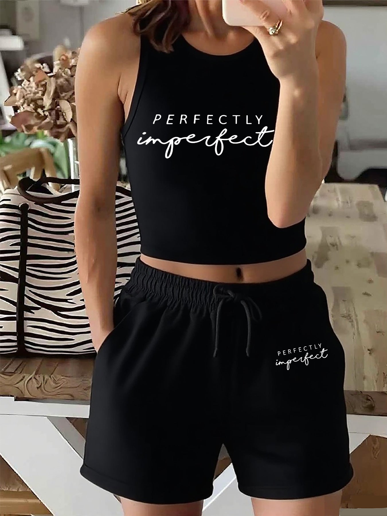 Women's Casual Vest and Shorts Set with Drawstring and Pockets
