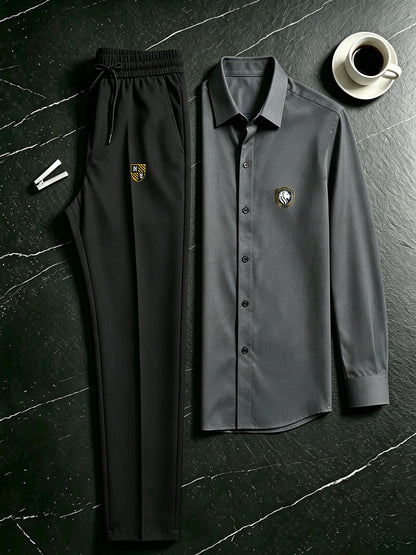 Men's Casual 2-Piece Campus Style Shirt & Drawstring Pants Set