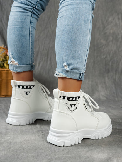 gfhfgjjfg Women's Casual High-Top Platform Ankle Boots with Lace-Up Closure, Thick Rubber Sole & Faux Cover Upper - Winter Warm Round Toe Boots for Casual Attire (Black/White/Beige), Comfortable Footwear, Durable Traction Foo