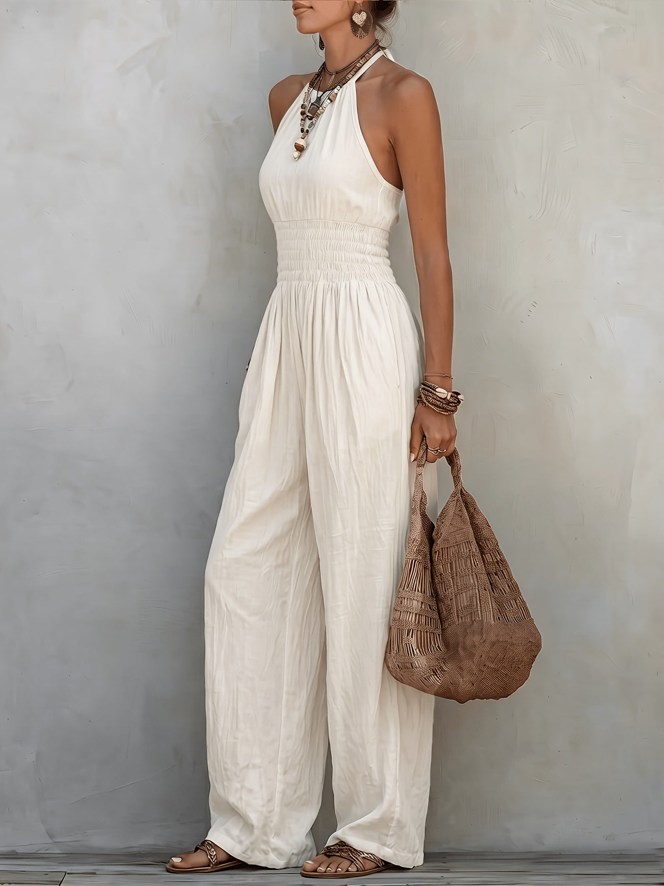 Women's Bohemian Sleeveless Jumpsuit with Wide-Leg Pants and Pockets