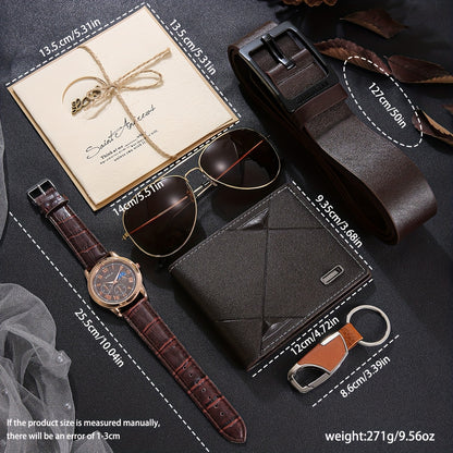 7pcs Men's Gift Set: Trendy Glasses, Multi-Functional Wallet, Business Watch, Creative Keychain, Stylish Belt, Thoughtful Greeting Card & LED Light, Exuding Elegance