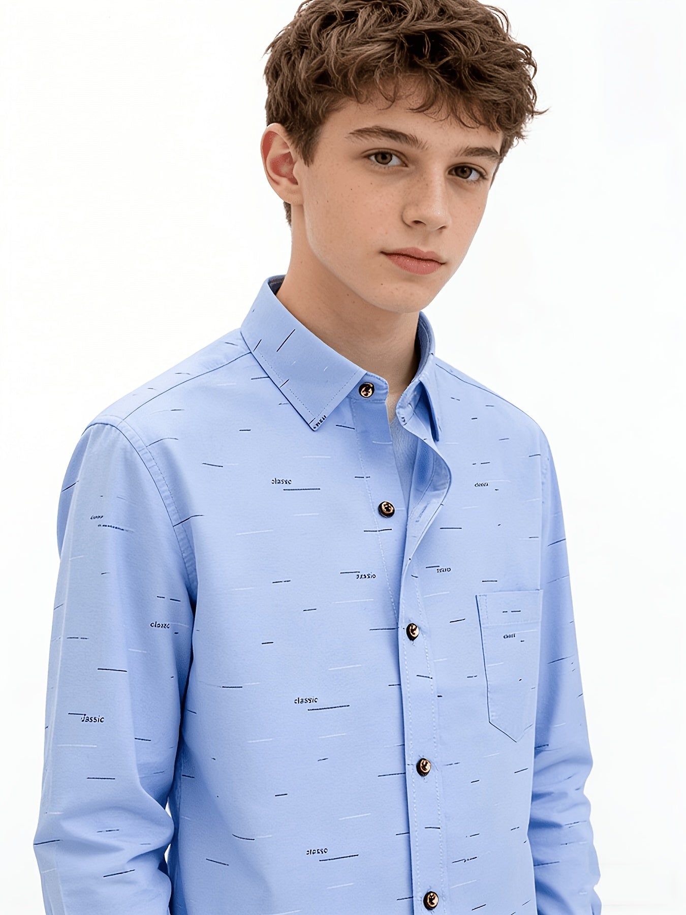 Teen Boys' White Blue Alphabet Print Casual Long Sleeve Shirt