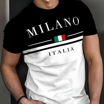Men'S Milan 3D Print T-Shirt - Casual Crew Neck, Short Sleeve, Lightweight Polyester Tee with Italian Flag Design - Perfect for Travel, Camping, Sports  Outdoor Activities