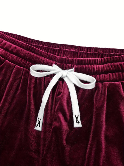 Men'S Fashion Velvet Knit Pullover Set, Contrast Letter Embroidery Top and Solid Color Drawstring Shorts, Simple Casual Outing Commuting Vacation Light Luxury Set, Regular Fit Elastic Knit Two-Piece Set, High-end Sheen Light