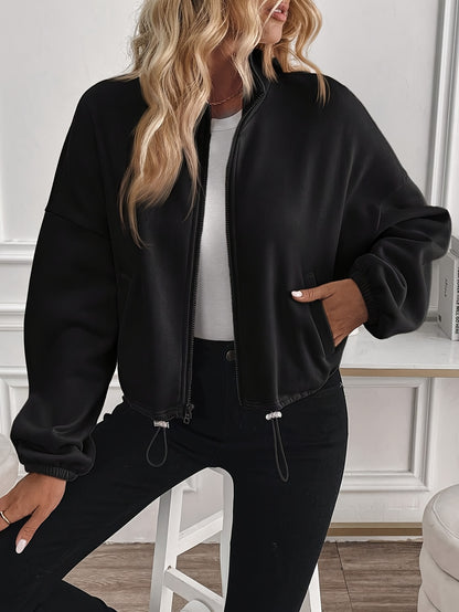 Women's Elegant Black Stand Collar Jacket with Full-Zip Closure - All-Season Casual to Semi-Formal Outerwear, Machine Washable Zippered Coat for Fall Winter Layering, Versatile Work to Semi-Formal Outfits