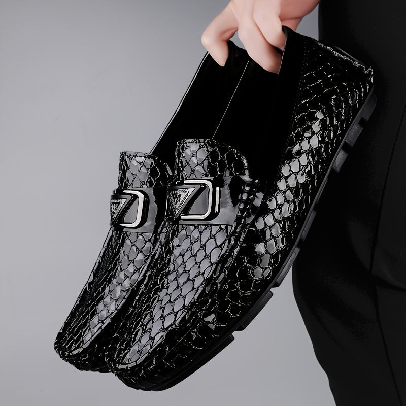 Men's Trendy Faux Snake Skin Loafers with Metal Buckle, Soft Sole