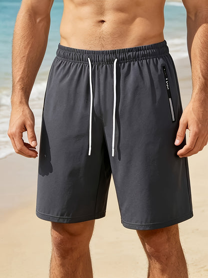 Men's Casual Swim Trunks with Elastic Waistband and Zipper Pocket