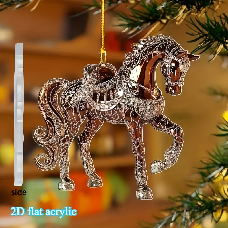 2D Flat, Elegant Golden Horseshoe Pendant - 2D Flat Acrylic Christmas Tree Ornament, Hanging Decoration for Home, Office, Car Interior - No Electricity Needed, Perfect Holiday Gift For Christmas, Halloween, Thanksgiving, New