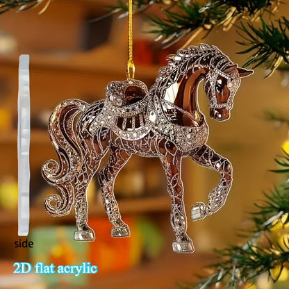 2D Flat, Elegant Golden Horseshoe Pendant - 2D Flat Acrylic Christmas Tree Ornament, Hanging Decoration for Home, Office, Car Interior - No Electricity Needed, Perfect Holiday Gift For Christmas, Halloween, Thanksgiving, New