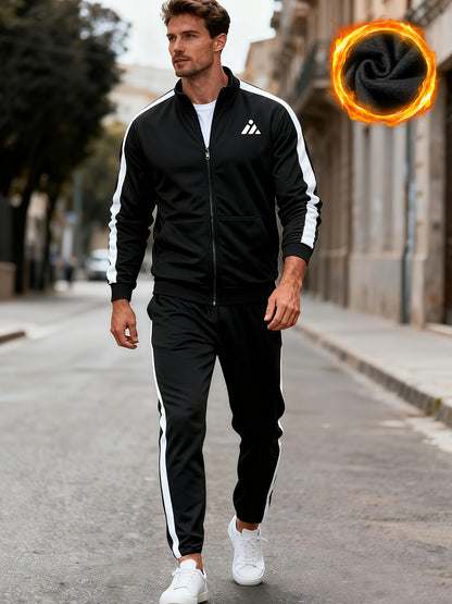 Men's Casual Sportswear Set with Geometric Print, Black & White