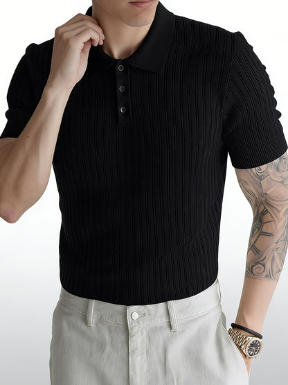 Men'S Summer Knitted Polo Shirt | Breathable Striped Design, Casual Lapel Collar, Short Sleeves, Three-Button Closure, Slim Fit, Ideal For Business Casual And Travel - ayq
