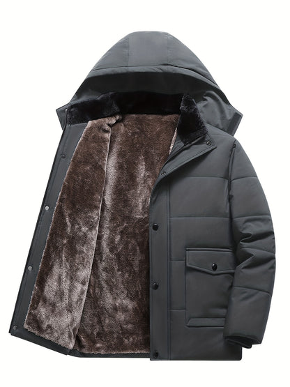 Men's Heavy-Duty Winter Hooded Jacket with Fur-Like Collar & Pockets - Navy Blue/Brown Coat, Golden-Tone Zipper Closure, -Filled Casual Outerwear for Cold Weather (Hand Wash/Dry Clean)