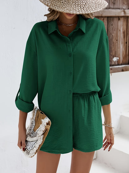 Women's Casual Summer Long Sleeve Shirt & Elastic Waist Shorts Set