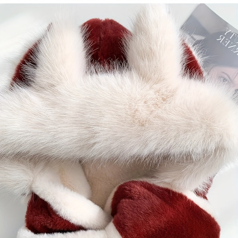 Women's Fox Ear Hat 3-in-1 with Scarf & Gloves - Winter Warm Windproof Cute Fox Ears, Lightweight Jacket-Compatible for cold Weather, Hand Washable Maomao Hat for, New Year & Holiday Outfits (Non-Stretch)