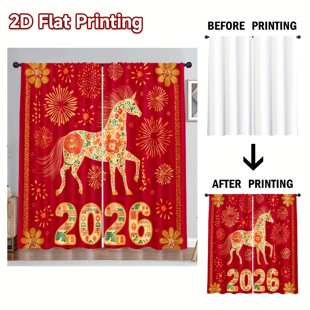 2D Flat, 2pcs, 2D Flat Printing New Year atmosphere curtains Festive Horse 2026 Celebration, Polyester, for Bedroom, Study, Living Room, Balcony, Office, Dormitory, Home Decoration, (rod free), 2D Flat, Celebration Setup, Sea