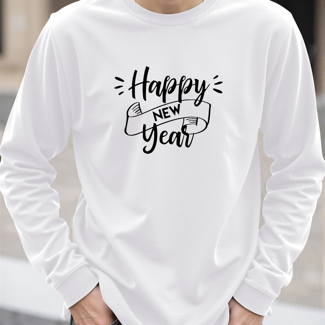 Men'S Happy New Year Graphic T-Shirt - Casual Long Sleeve Crew Neck, White with Black Lettering & Festive Design, Loose Fit for Spring/Fall, Perfect for Casual Attire, Festive Clothing | Festive Graphic Tee | Comfortable Fit