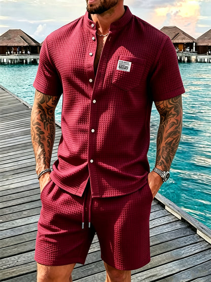 Men's Summer Waffle Knit Shirt & Shorts Set - Casual Sporty Style