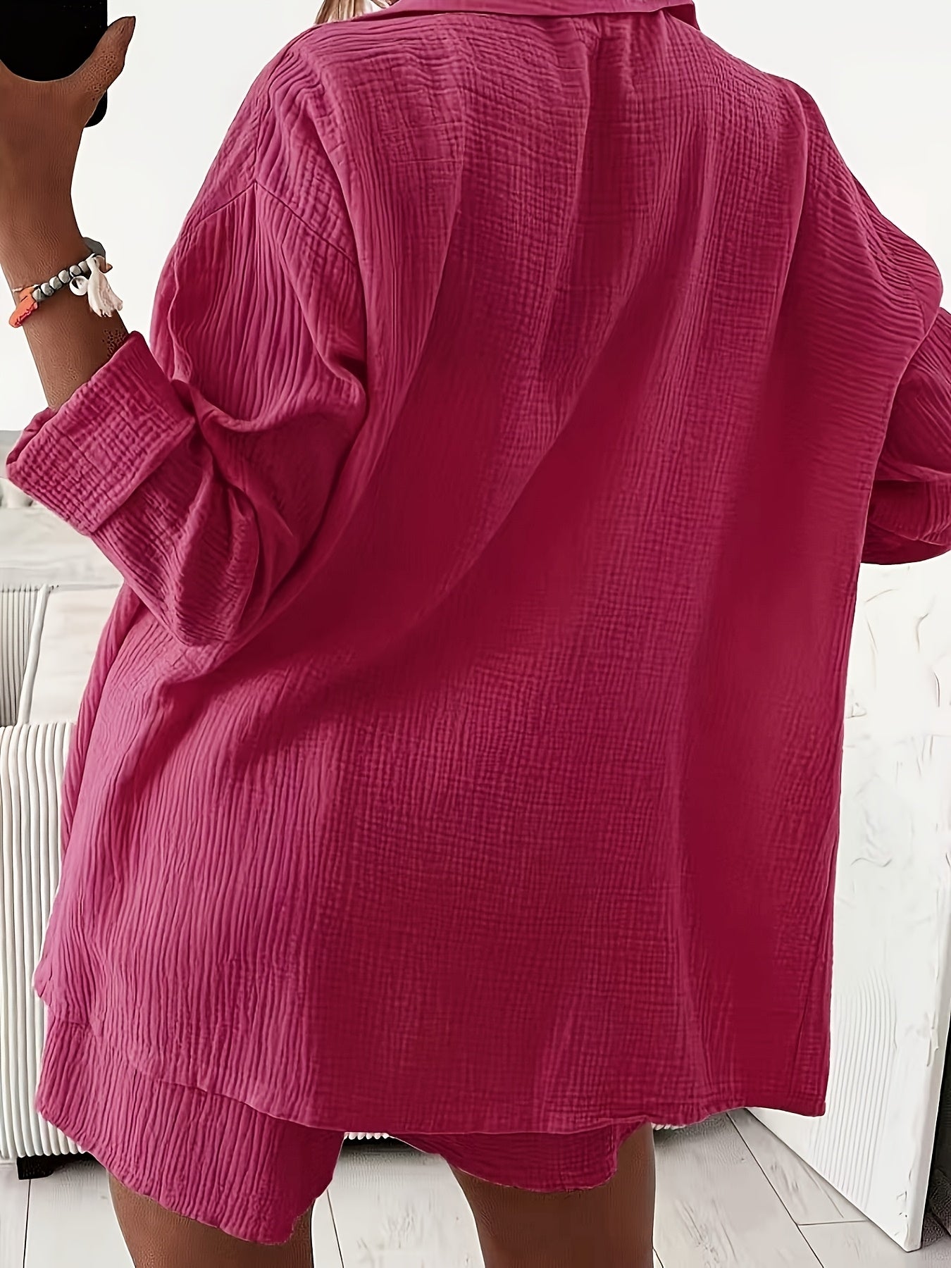 Women’s Hot Pink 2-Piece Waffle Button Shirt & High Waist Shorts Set