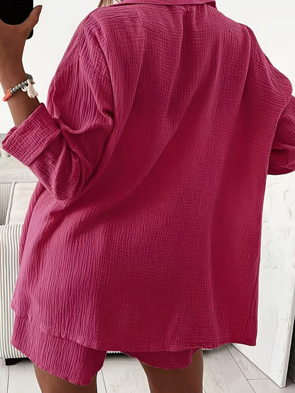 Women’s Hot Pink 2-Piece Waffle Button Shirt & High Waist Shorts Set
