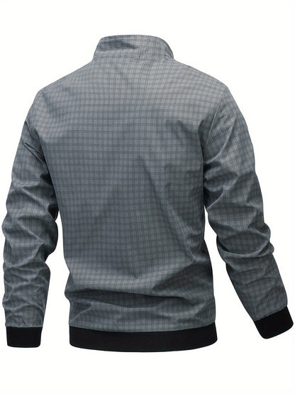 Men's Casual Outdoor Jacket - Spring/Fall Softshell Jacket with Checkered Pattern, Long Sleeves, and Zipper Closure