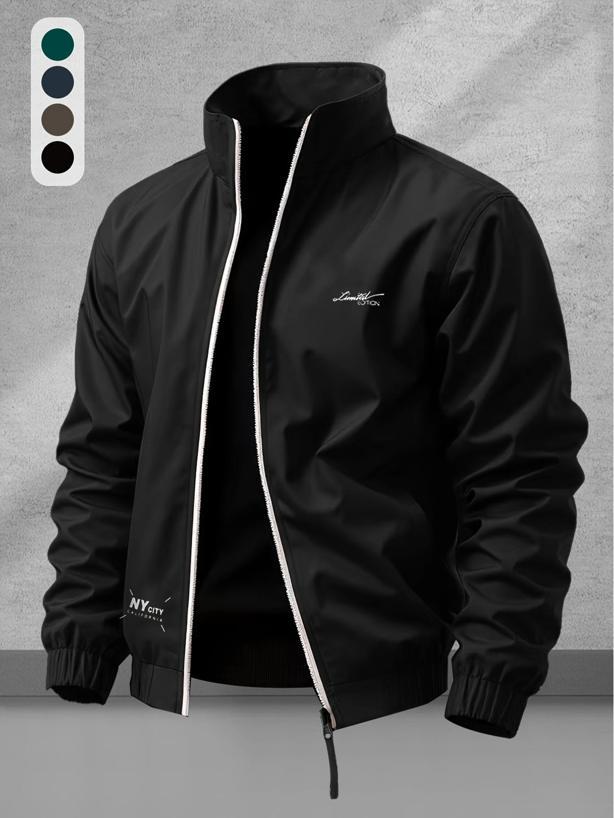 Men's Casual Polyester Jacket with Stand Collar and Zipper