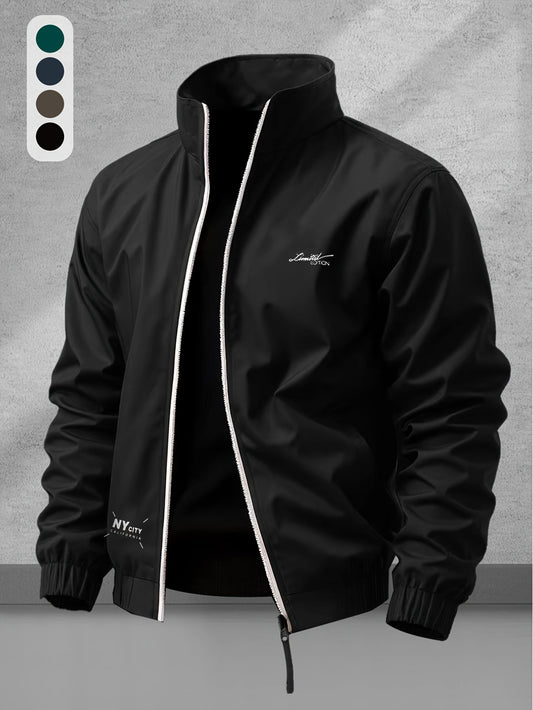 Men's Casual Polyester Jacket with Stand Collar and Zipper