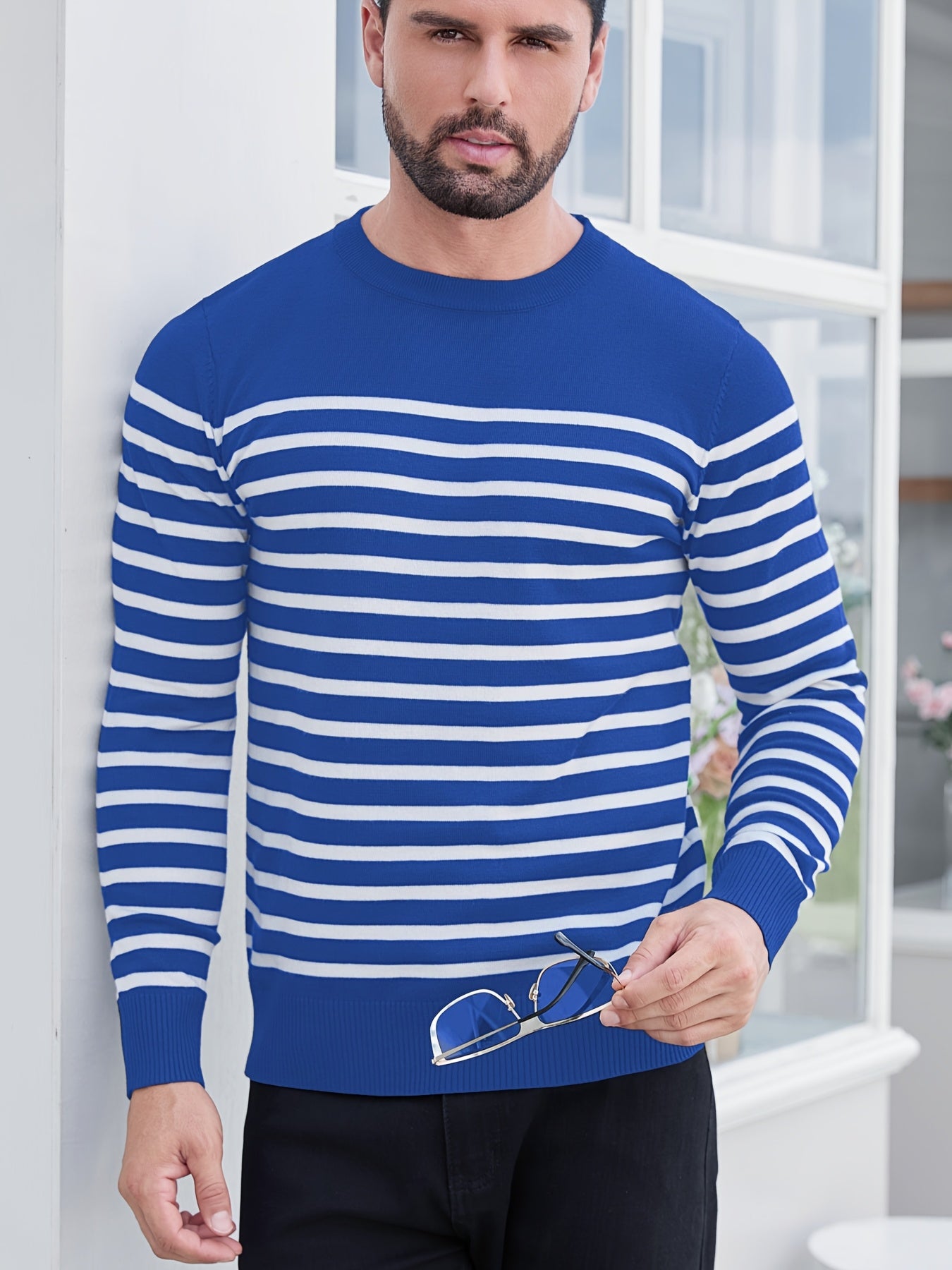 Spring And Autumn Casual Two-Color Striped Men'S Sweater Pullover Color-Block Round Neck Men'S Knitted Shirt