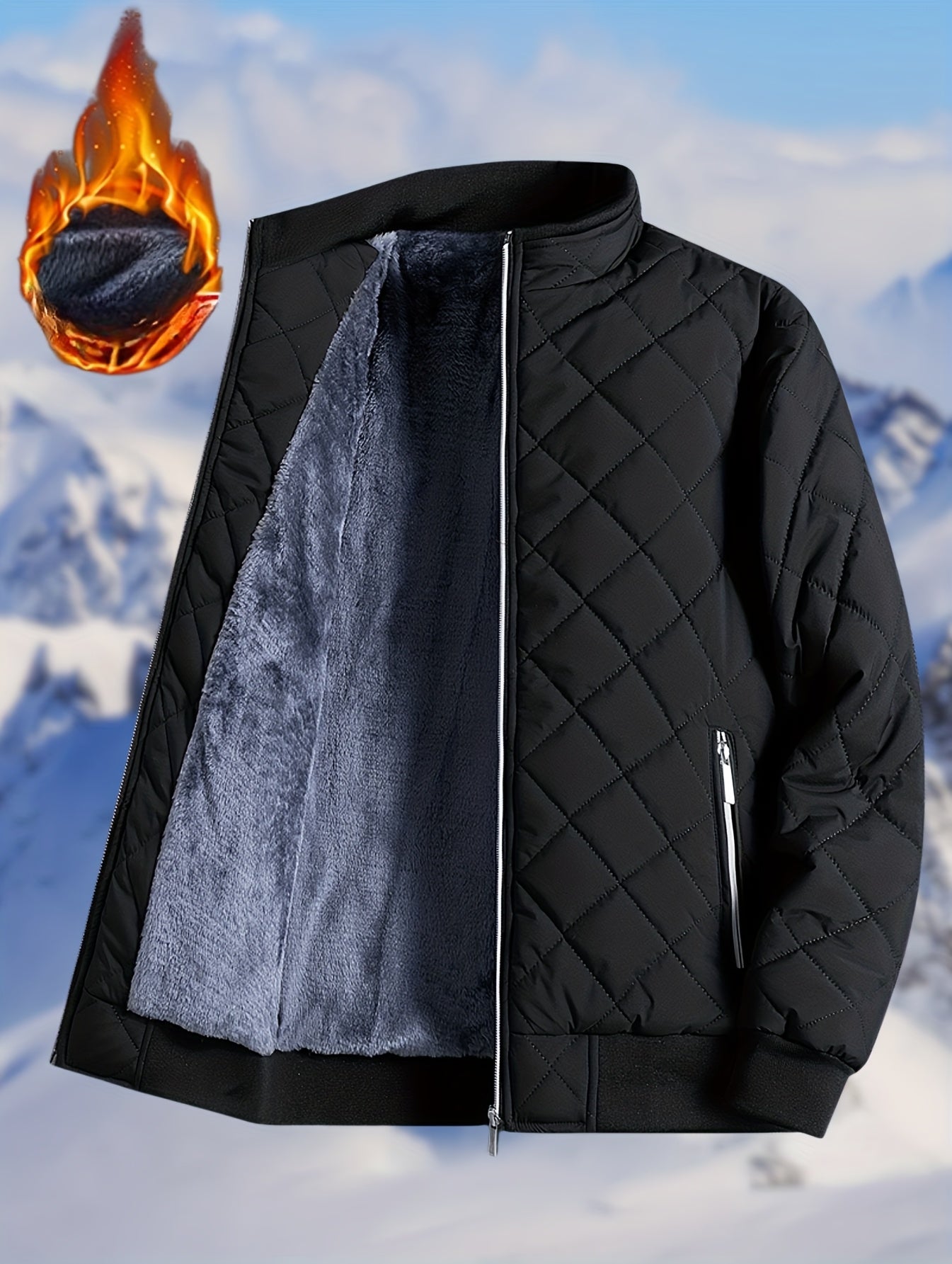Men'S Diamond Pattern Fleece-Lined Jacket | Casual Stand Collar Warm Coat with Zipper Closure for Autumn and Winter
