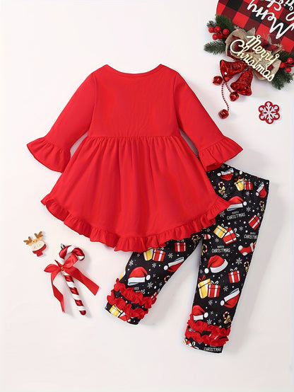 2pcs Elk Embroidered Long Sleeve Dresses + Christmas Hat Gift Box Random Full Print Side Pants Set Cute Party Outfit for Girls, for Outdoor