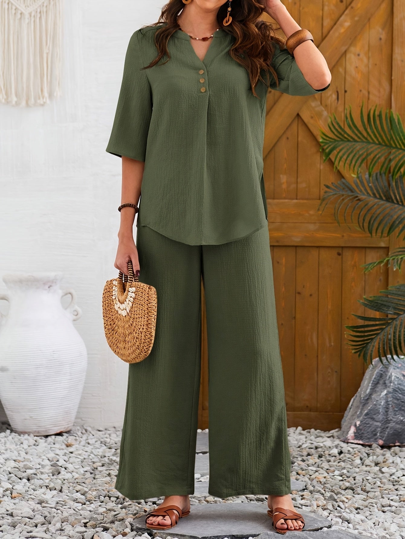 2pcs Women'S Olive Green Casual Short Sleeve Top & Wide-Leg Pants Set - Elegant Button-Up Blouse with Pockets, High-Waisted Jumpsuit for Spring/Summer/Fall, Versatile Outfit | Buttonup Blouse | Texture