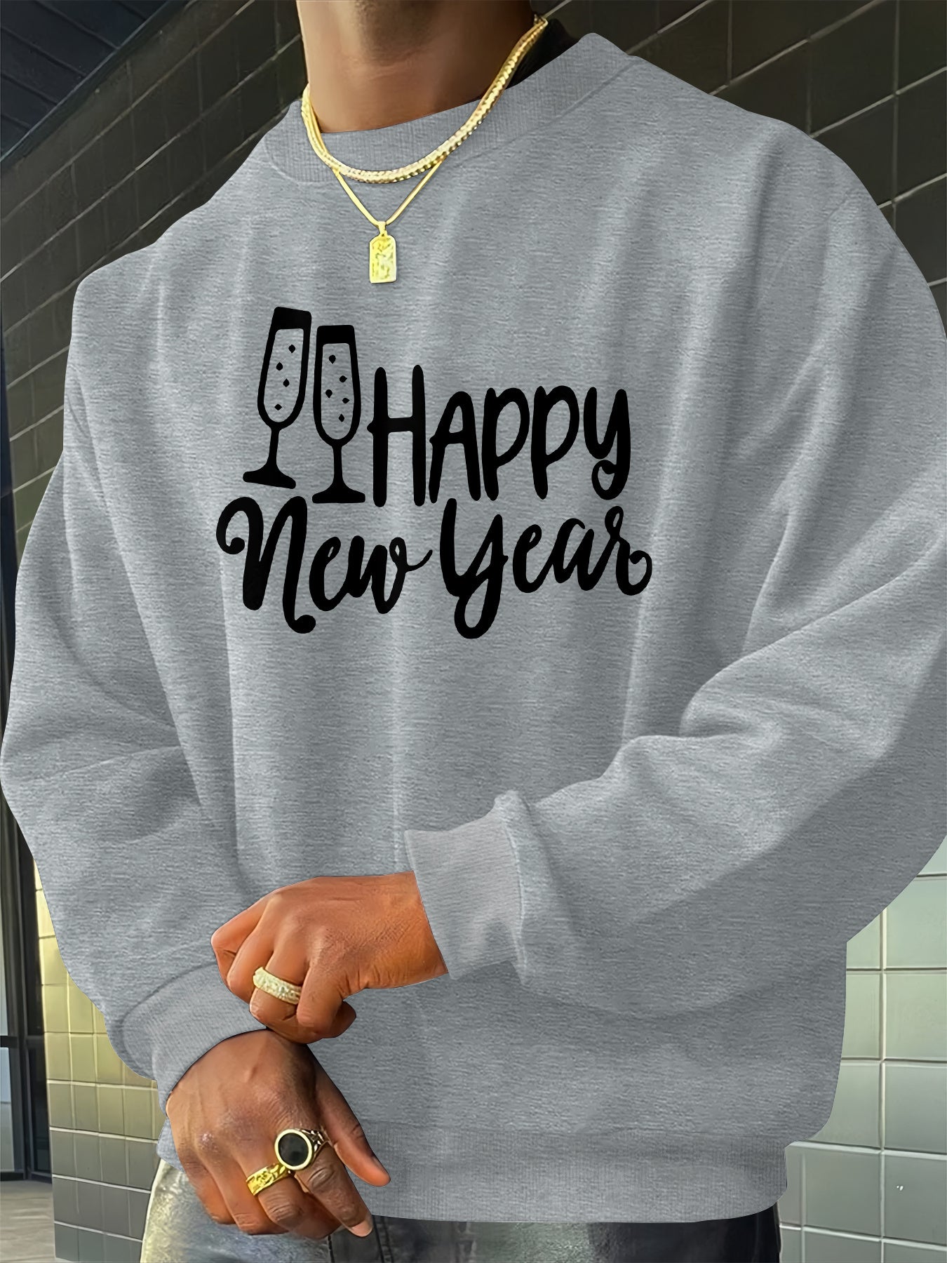 Men's Happy New Year Print Sweater - Champagne Glass & Confetti Design, Round Neck Casual Pullover, Machine Washable Winter Warmth, Comfortable Knit Sweater for Parties & Casual Attire (New Year's Eve Outfits) - Stylish Men's