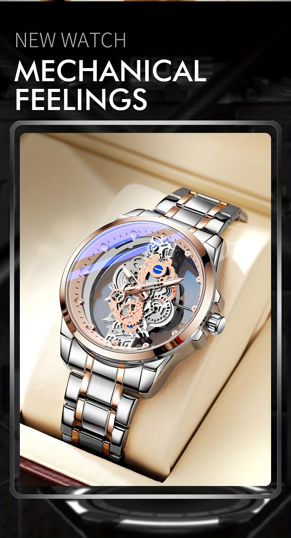TPW Men's Rose Golden Skeleton Luminous Quartz Watch - Glamorous Luxury Wristwatch with Exposed Movement, Comfortable Metal Band, Father's Day Gift for Him, Luxury Men's Watch | Romantic Watch Design | Rose Golden Finish