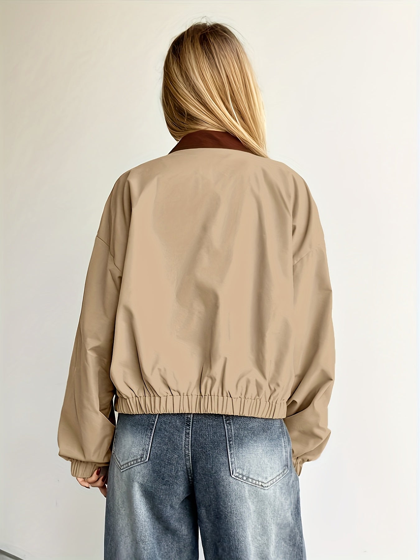 Women'S Lightweight Square Neck Jacket - Beige Casual Spring/Fall Jacket with Brown Trim, Long Sleeves, and Front Pockets for Stylish Layering, Lightweight Jacket