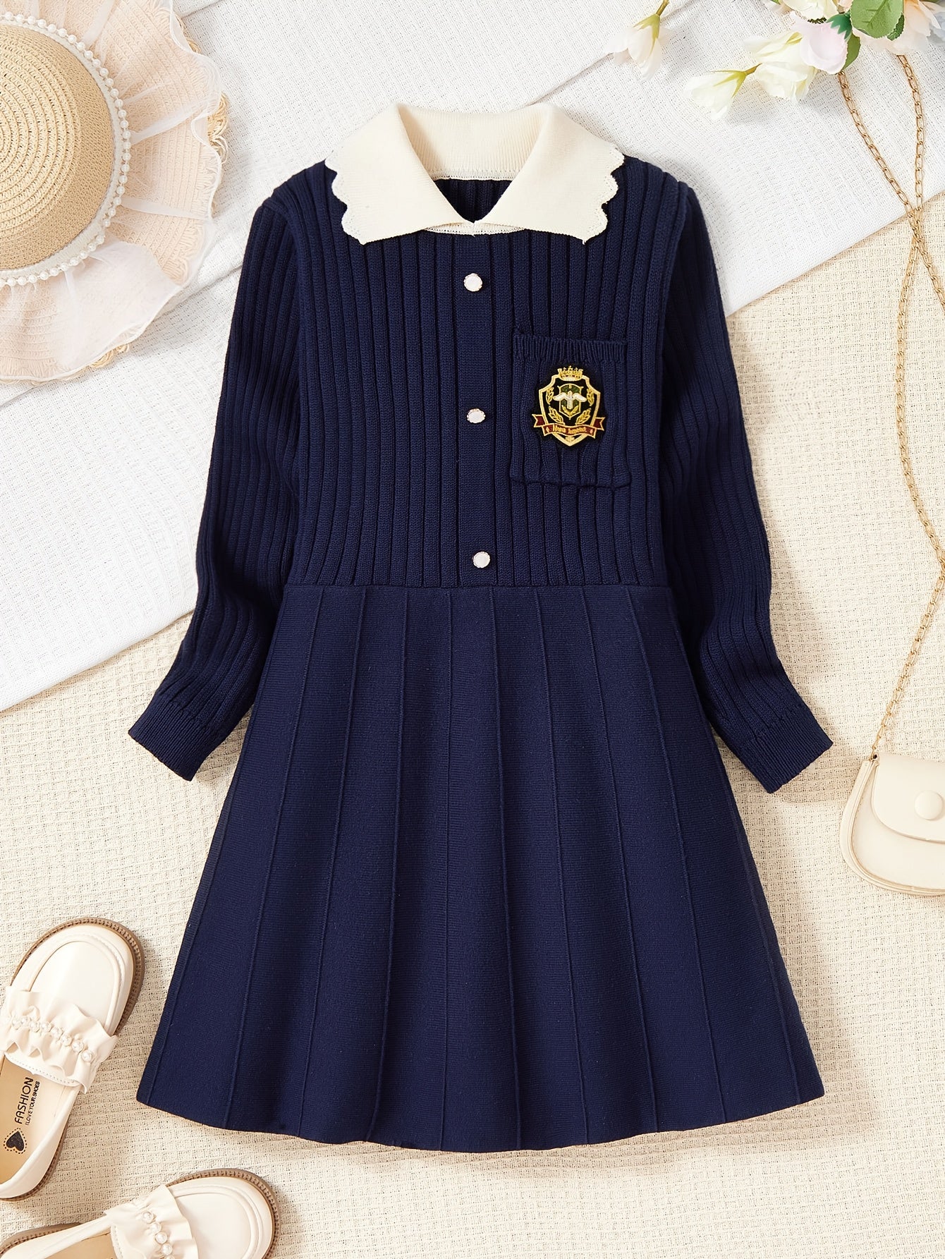 Girls' Preppy Knit Midi Dress with Embroidered Pattern, Long Sleeve