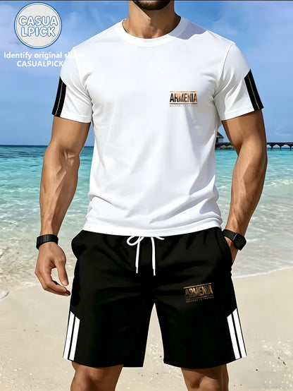 Men's Casual Short-Sleeve Top and Shorts Set with Print