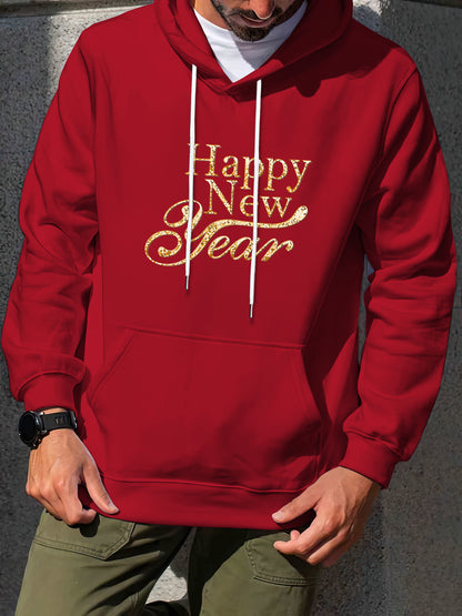 Men'S Golden Letter Print Hooded Sweatshirt - Happy New Year Lettering, Soft Knit Micro-Elastic Fabric, Loose Fit Casual Pullover Hoodie with Front Pocket, Streetwear Style, Unisex Apparel, Durable Material, Trendy Design, Ho