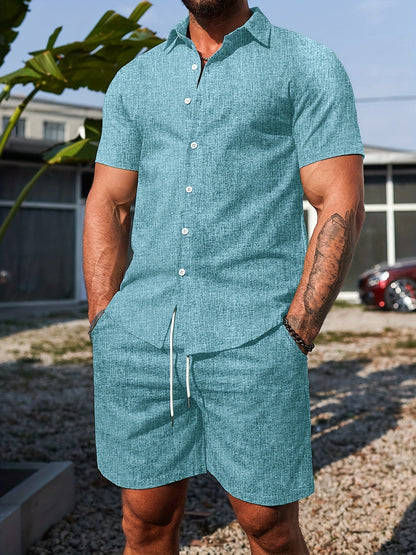 Bechimai Custom Men'S Solid Color Turn- Collar Summer Fresh Suit Double- Shirt Fabric Short-Sleeve Shirt and Shorts Casual Summer Set