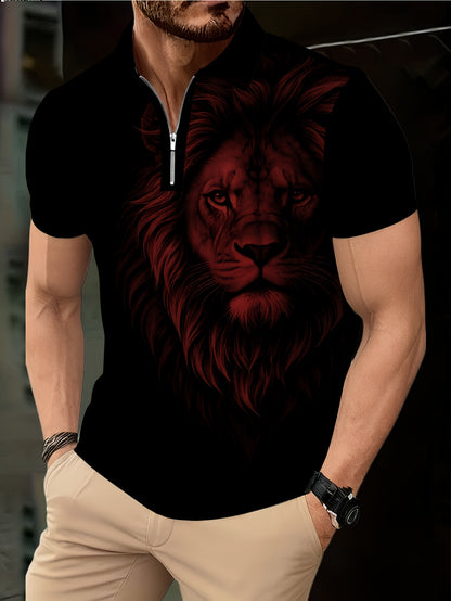 Men's Zip Shirt Short Sleeve Summer Trendy Lion Print Collar T-Shirt Business Casual Slim Fit Men's Top Women's Clothing