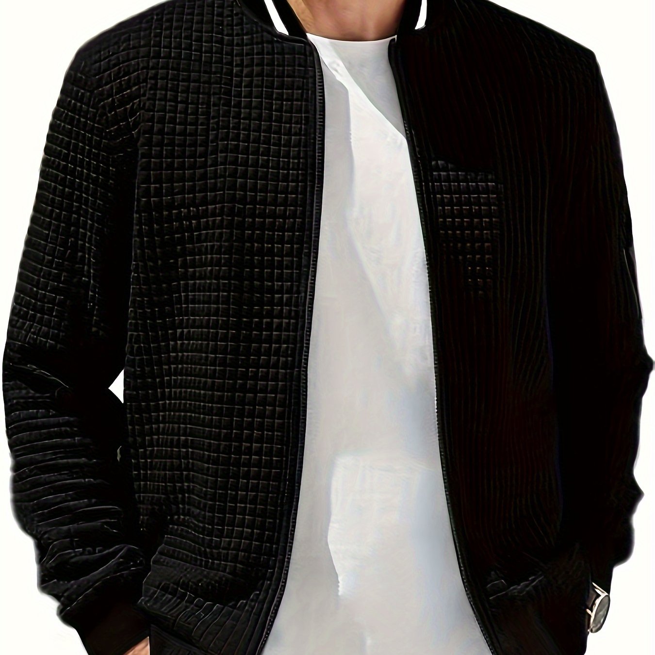 Men's Casual Bomber Jacket with Stand Collar - Polyester and Elastane Blend, Knit Fabric with Slight Stretch, Solid Color, Zipper Detail, Long Sleeve, Regular Fit