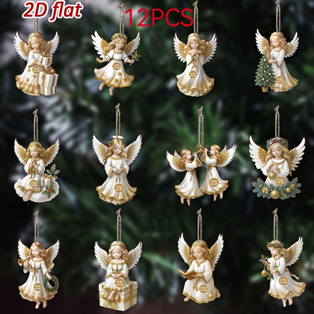 2D Flat - 12/24/36pcs Elegant Wooden Angel Ornaments | Tranquil White Angel Hanging Decorations for Christmas Tree, Garden, Home Decor, Suitable for Christmas, New Year, and Easter