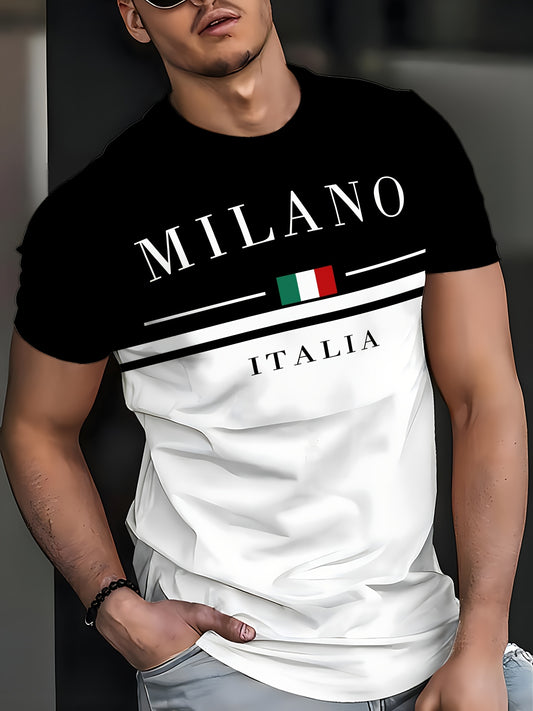 Men'S Milan 3D Print T-Shirt - Casual Crew Neck, Short Sleeve, Lightweight Polyester Tee with Italian Flag Design - Perfect for Travel, Camping, Sports  Outdoor Activities