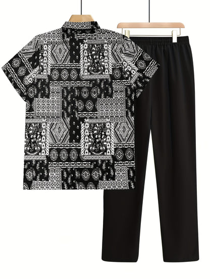 2pcs Summer Men'S Print Shirt and Pants Set Vacation 2pcs Suit, Perfect for Outdoor
