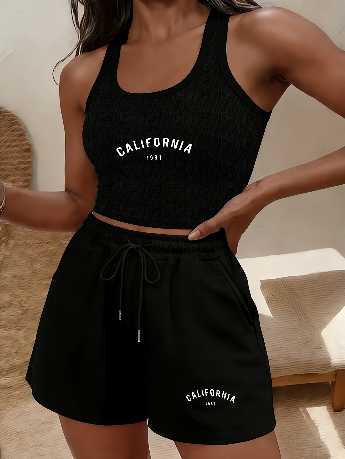Buttery-Soft Sleeveless Crop Tank & Drawstring Shorts Set
