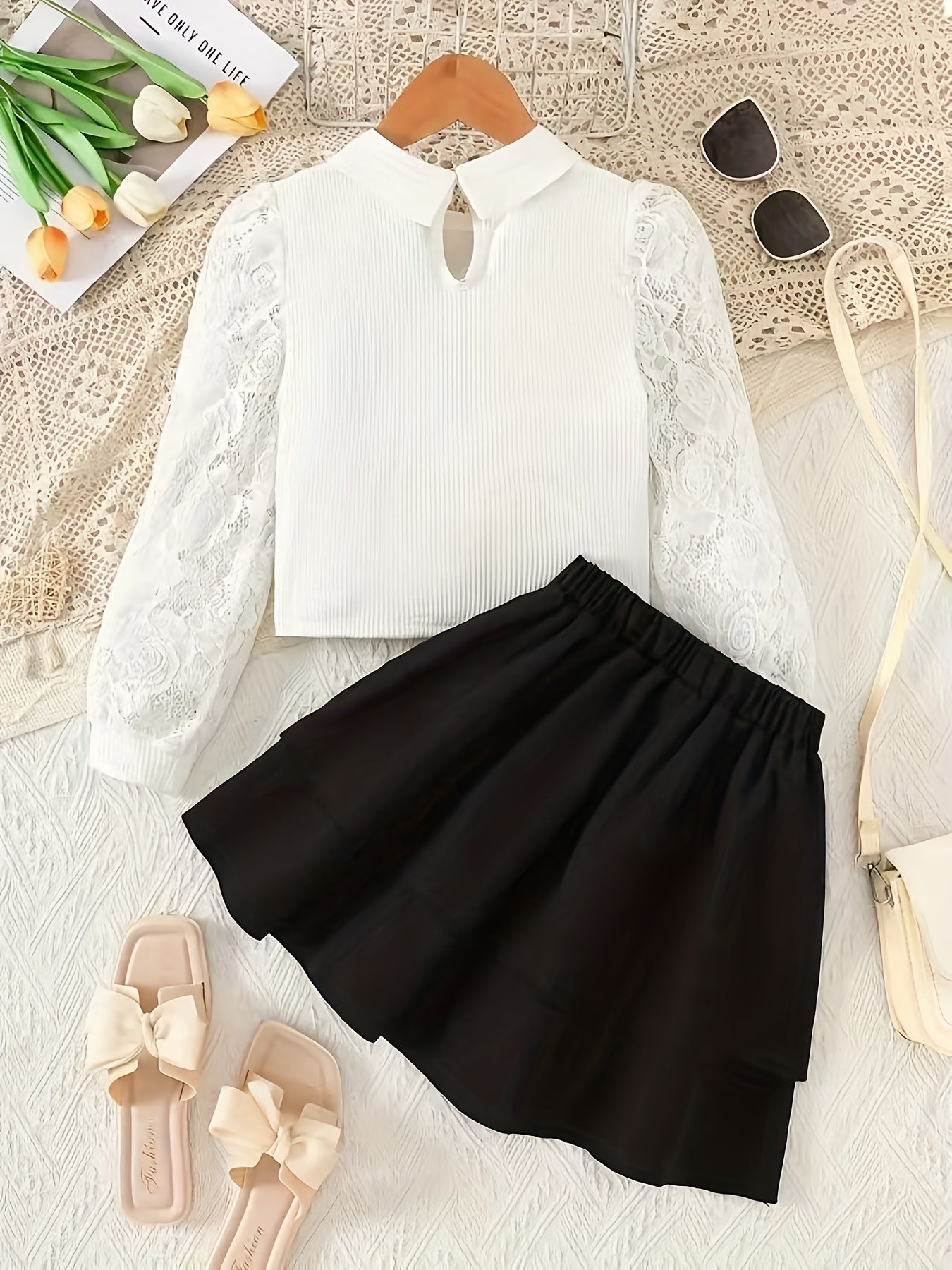 Girls' Elegant White Lace Lapel Top & Black Bow Skirt Set